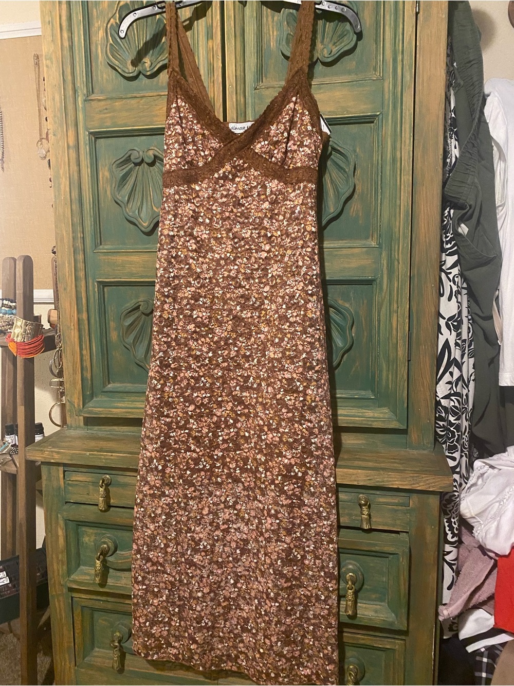 Almost Famous Brown Floral Lace-Trim Slip Dress